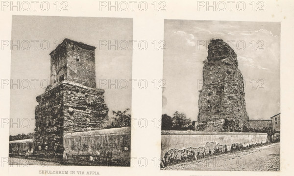 Sepulchrum in Via Appia, Two tombs on the Via Appia in Rome, page, photomechanical print, c. 1867 -