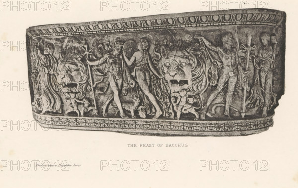Relief of a sarcophagus, depicting a bacchanal, The feast of Bacchus, page, photomechanical print,