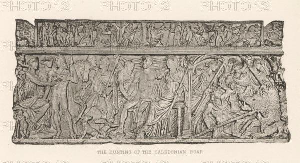 The hunting of the Caledonian boar, Relief of a sarcophagus, depicting the Calydonian hunt, page,