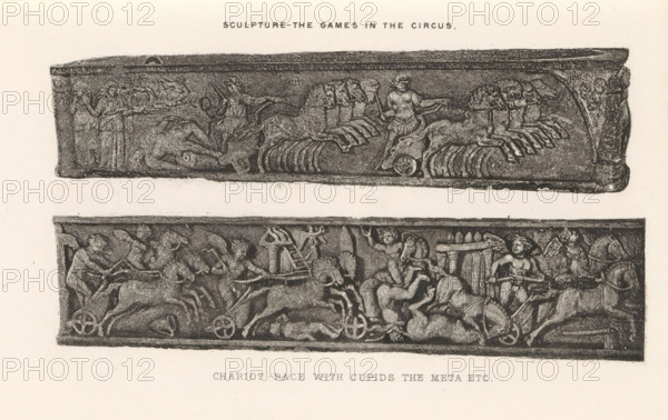 Sculpture - The games in the circus. Chariot-race with cupids the meta etc, Two reliefs of