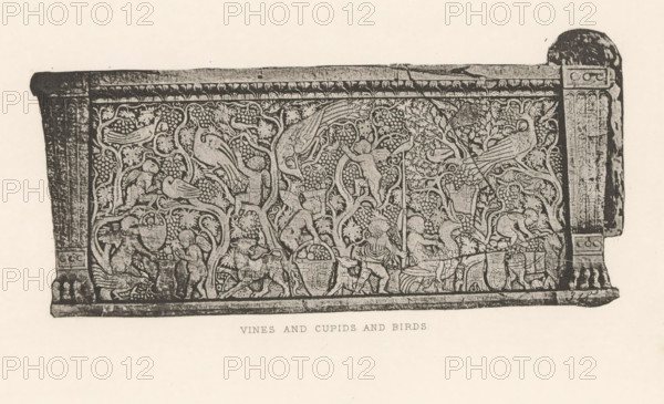 Relief of a sarcophagus, depicting putti with birds in a vineyard, Vines and cupids and birds,