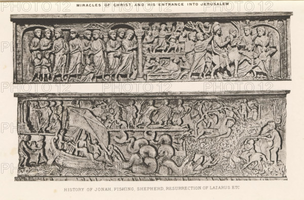 Two reliefs of sarcophagi, depicting episodes from the life of Christ and the story of Jonah,