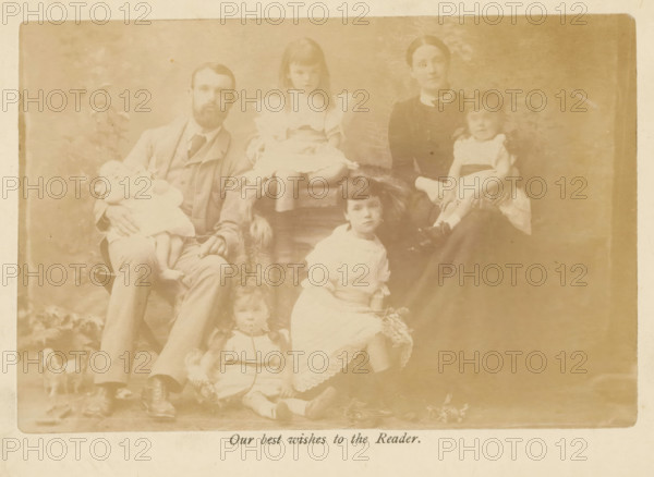 Group portrait of the family of Samuel Simmins, photograph, page, inscription: 'Our best wishes to