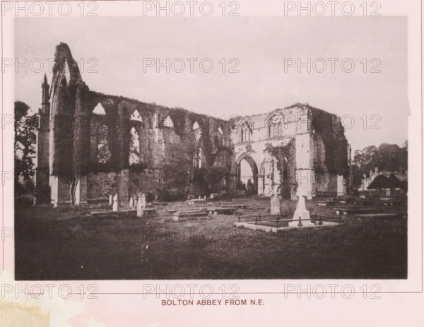 Bolton Abbey from NE, page, photomechanical print, c. 1890 - c. 1900, textile materials, linen