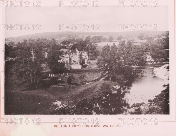 Bolton Abbey from above waterfall, page, photomechanical print, c. 1890 - c. 1900, textile