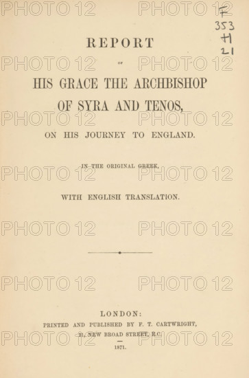 Report of his grace the Archbishop of Syria and Tenos on his journey to England, book, inscription: