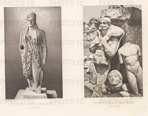 Priestess of Athena, Hermes Moschophore, Sculpture of a priestess of Pallas Athena and a sculpture