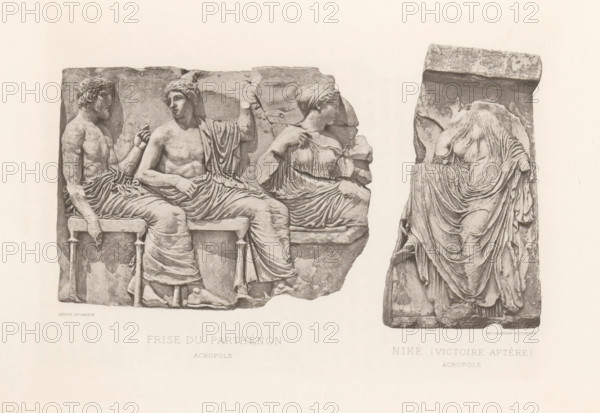 Frise du Parthénon Acropole, Niké (victoire aptère) Acropole, Part of the Parthenon frieze and a