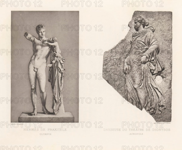 Sculpture of Hermes with the child Dionysos and a relief of a dancer, Danseuse du théatre de
