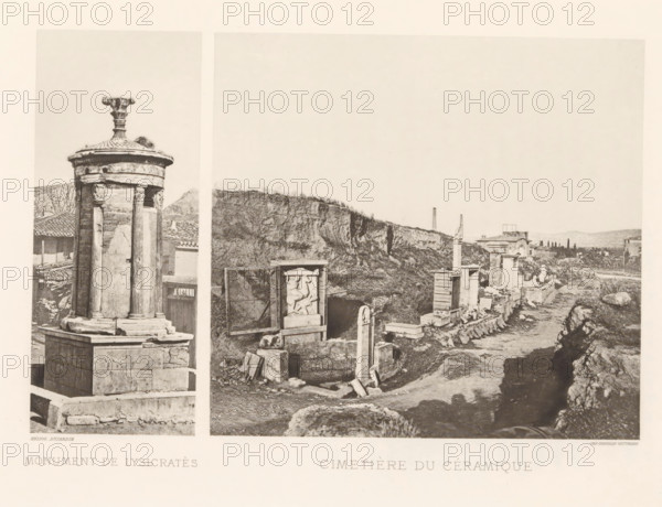 Monument of Lysicrates in Athens and a view of the cemetery of Kerameikos, Cimetière du céramique,