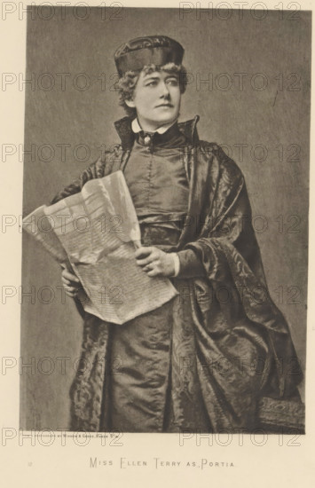 Miss Ellen Terry as Portia, page, photomechanical print, photographer: Window & Grove, cliché