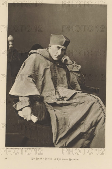 Mr. Henry Irving as Cardinal Wolsey, page, photomechanical print, photographer: Downey, William &