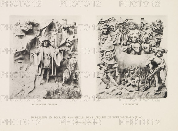 Son martyre, Two bas reliefs from the Église Saint-Lô in Bourg-Achard, depicting the ordeal and