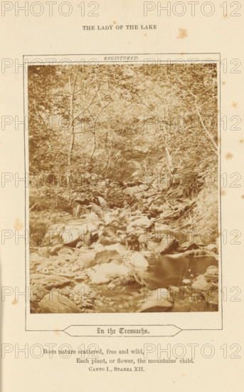 Stream with wooded banks in the Trossachs, In the Trossachs, photograph, page, inscription: 'Boon