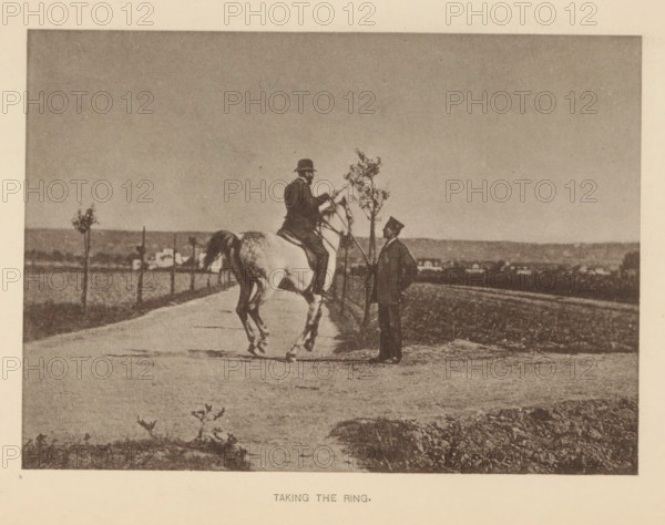 Man riding a horse and presumably participating in ring jousting, Taking the ring, page,