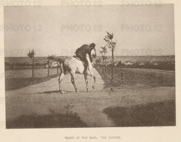 Man riding a horse at a gallop, Riding at the ring. The canter, page, photomechanical print, cliché