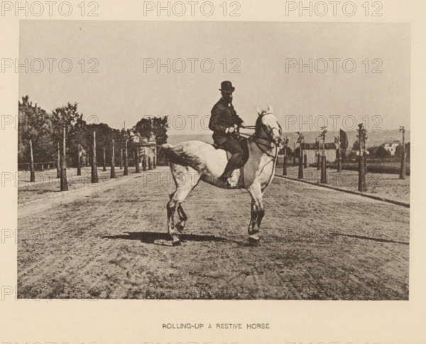 Rolling-up a restive horse, Man on a horse, page, photomechanical print, cliché maker: Römmler &