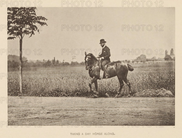 Man riding a shy horse, Taking a shy horse along, page, photomechanical print, cliché maker: