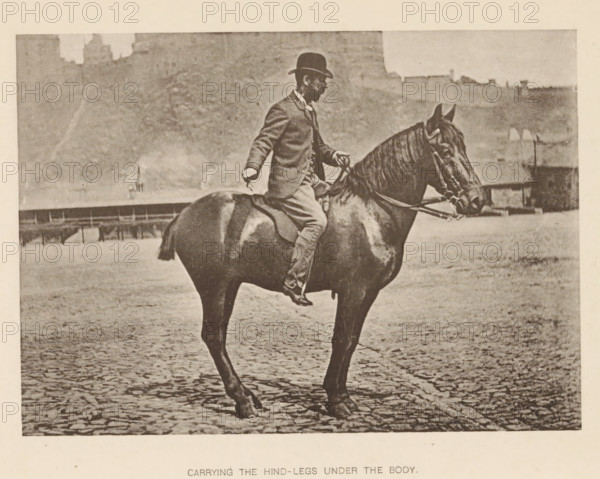 Carrying the hind-legs under the body, Man on a horse, page, photomechanical print, photographer: