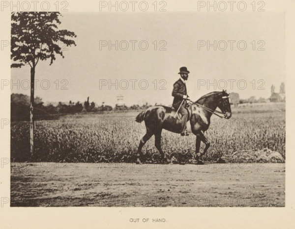 Out of hand, Man on a horse in front of a meadow, page, photomechanical print, cliché maker: