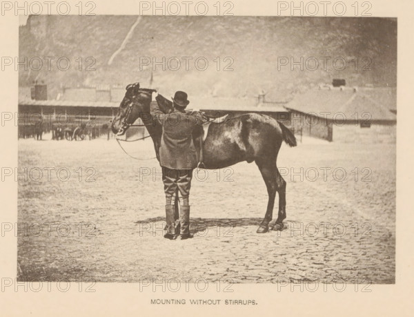 Mounting without Stirrups, Man mounting a horse without using the stirrups, page, photomechanical