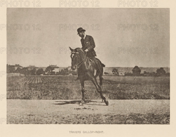 Man on a horse in sideways gallop, Travers gallop-right, page, photomechanical print, cliché maker: