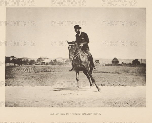 Half-wheel in travers gallop-right, Man on a horse in sideways gallop, page, photomechanical print,