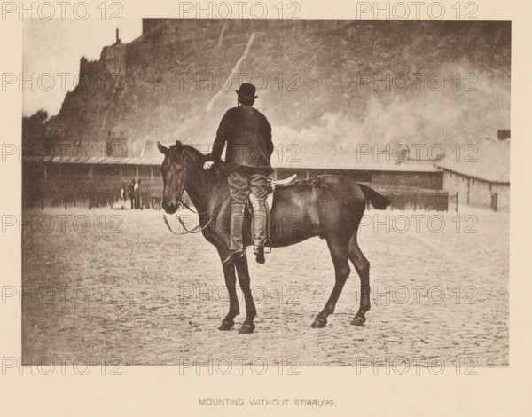 Mounting without Stirrups, Man mounting a horse without using the stirrups, page, photomechanical