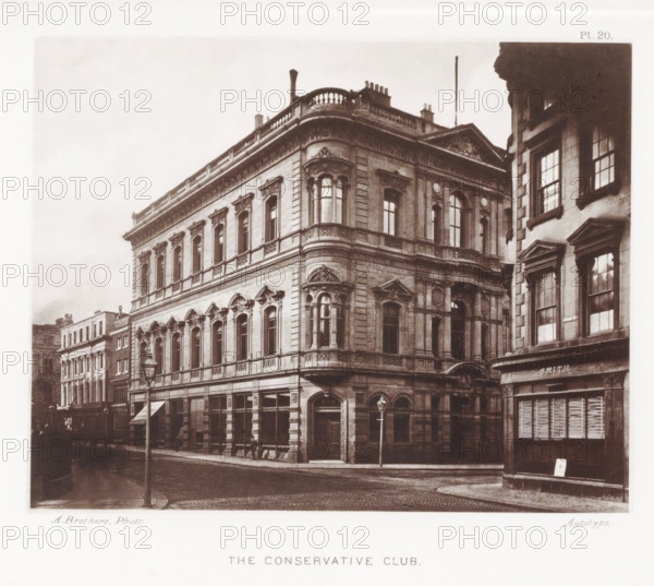 The Conservative Club, Façade of the Conservative Club in Manchester, page, photomechanical print,