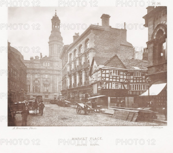 Market Place, looking south, View of Market Place in Manchester with a view of the tower of the