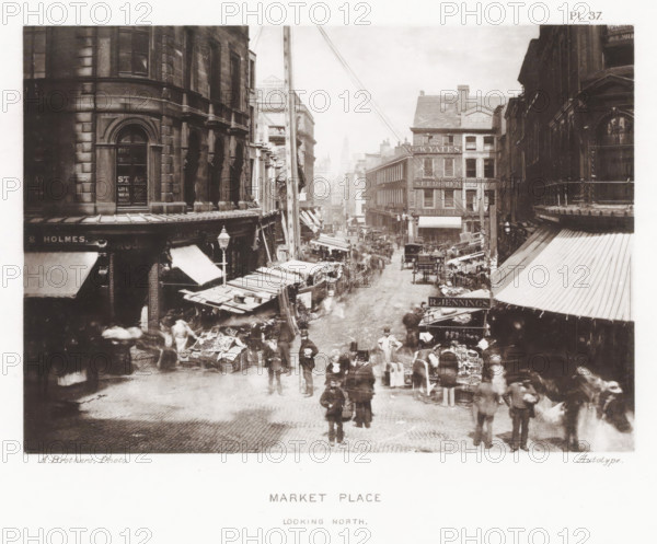 View of Market Place in Manchester, Market Place, looking north, page, photomechanical print,