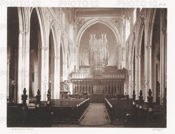 The Cathedral. Nave, Interior of the nave of Manchester Cathedral, page, photomechanical print,