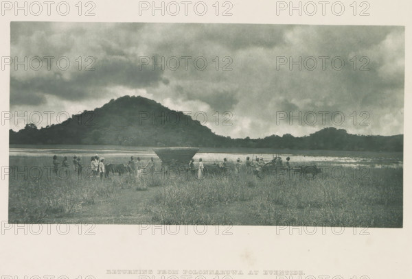Tour group with bullock carts in Minneriya, Sri Lanka, page, photomechanical print, title: