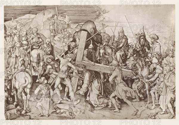 Photo reproduction of a print, depicting Christ carrying the cross, photograph, reproduction, page,