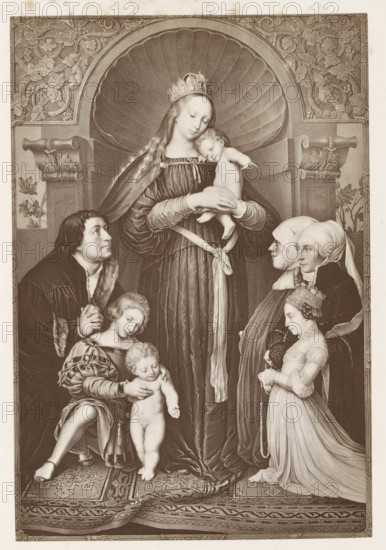 Photo reproduction of a print after the painting Darmstadt Madonna, photograph, reproduction, page,