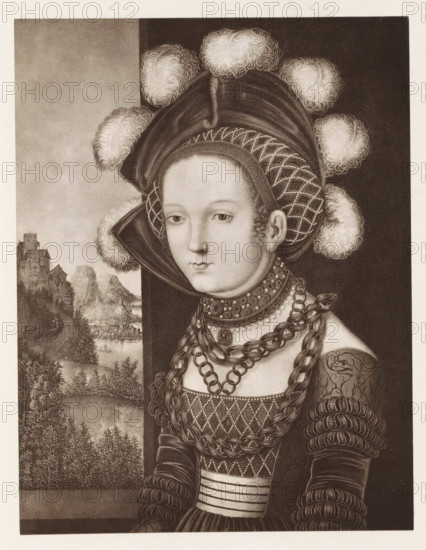 Photo reproduction of a print after a painting, depicting a lady-in-waiting dressed as Salomé,