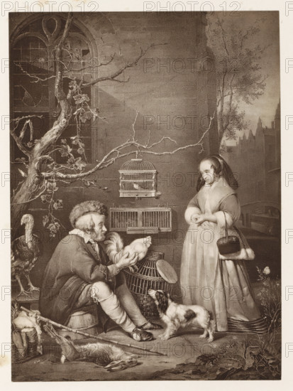 Photo reproduction of a print after a painting, depicting an old man selling birds, photograph,