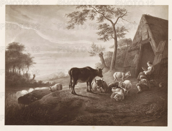Photo reproduction of a print after a painting, depicting a herd with a shepherd in a meadow at