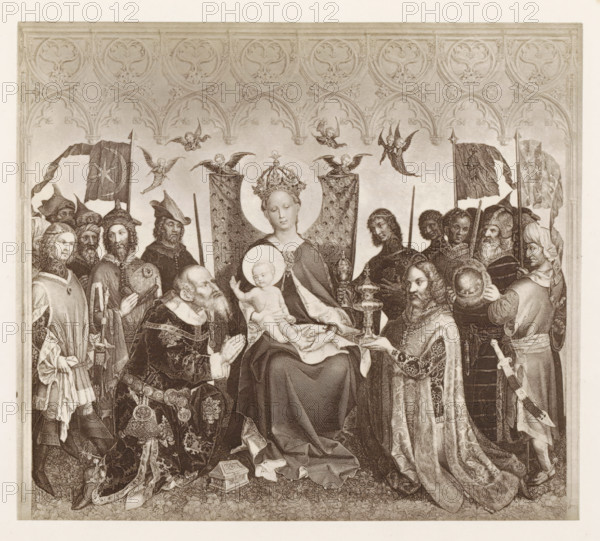 Photo reproduction of a print after a painting, depicting the Adoration of the Magi, photograph,