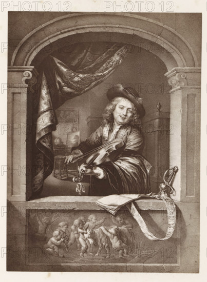 Photo reproduction of a print after a painting, depicting a violin player, photograph,