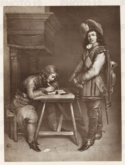 Photo reproduction of a print after a painting, depicting an officer writing a letter and a