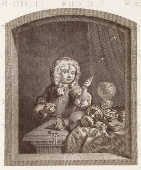 Photo reproduction of a print after a painting, depicting a boy blowing bubbles, photograph,