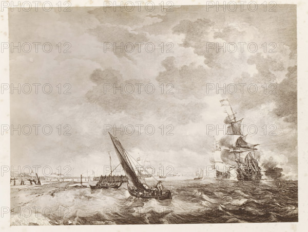 Photo reproduction of a print after a painting, depicting ships at sea, photograph, reproduction,