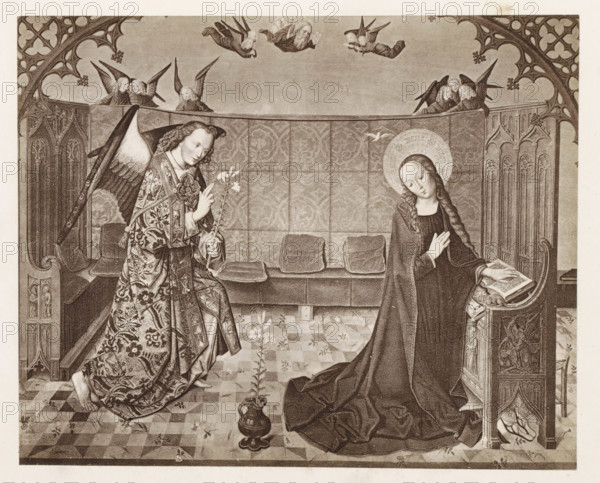 Photo reproduction of a print after a painting, depicting the Annunciation, photograph,