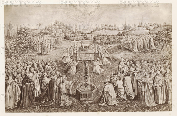 Photo reproduction of a print after a painting, depicting Luke drawing the Madonna, photograph,