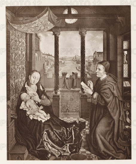Photo reproduction of a print of a painting, depicting the Adoration of the Magi, photograph,