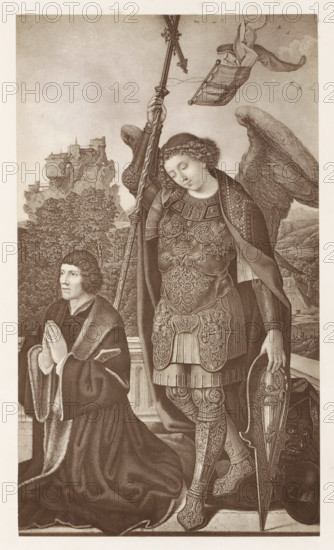 Photo reproduction of a print of a painting, depicting the Archangel Michael, photograph,