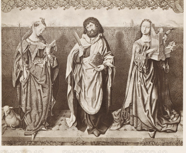 Photo reproduction of a print of a painting depicting Saint Bartholomew, Agnes and Cecilia,