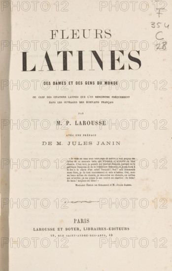 Fleurs latines des dames et des gens du monde, book, writer (clerical worker): Pierre Larousse,