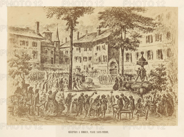 Photo reproduction of a drawing of a reception in Embrun after the unveiling ceremony of the statue